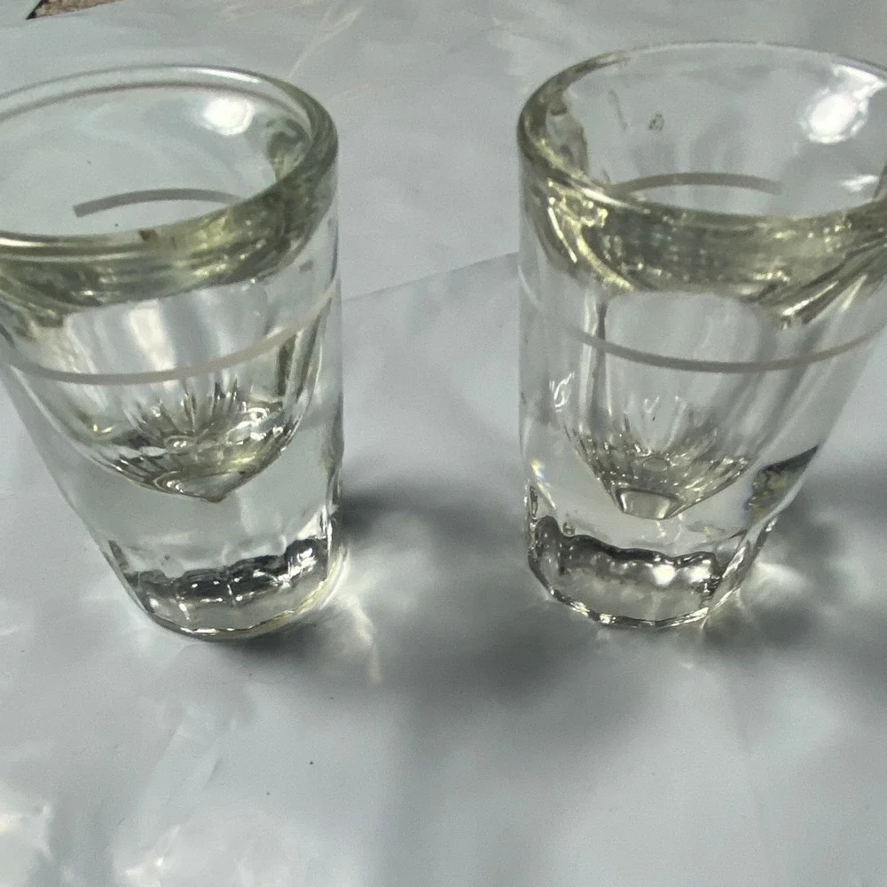 Set of 2 Clear Glass Shot Glasses with White Band and Fluted Base Barware